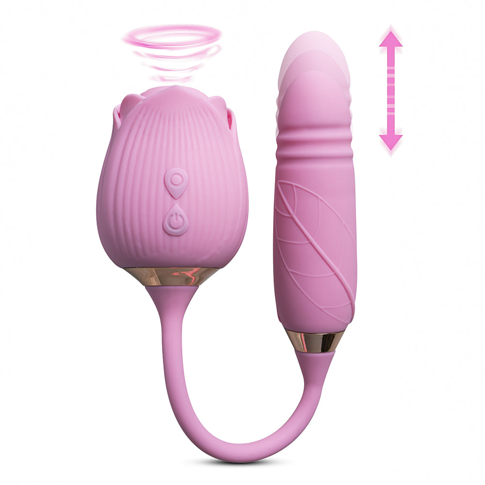 Pink Clitoral Rose Massager with Thrusting Vibrator